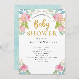 Rosa Aquamarin Gold Aquarell Blume Girl Baby Dusch Einladung