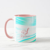 Rosa Aquamarine Blue Wave Monogramm-Initialen Abst Tasse (Links)