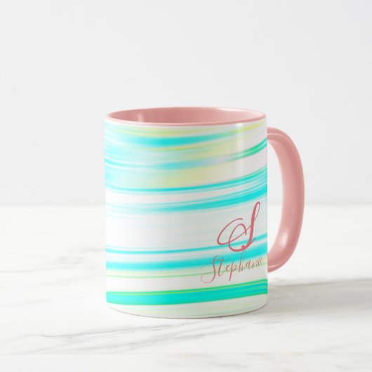 Rosa Aquamarine Blue Wave Monogramm-Initialen Abst Tasse (VorderseiteRechts)