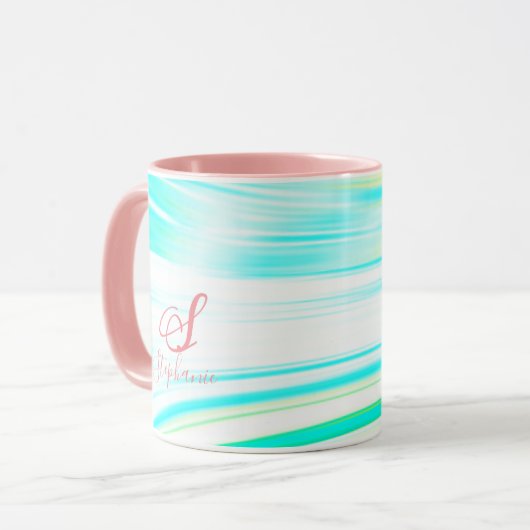 Rosa Aquamarine Blue Wave Monogramm-Initialen Abst Tasse (Vorderseite Links)