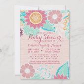Rosa Aquamarine Blume Blätter Öl bemalt Baby Dusch Einladung (Vorderseite)