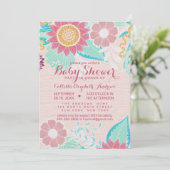 Rosa Aquamarine Blume Blätter Öl bemalt Baby Dusch Einladung (Stehend Vorderseite)