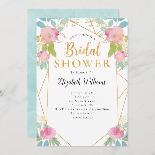 Rosa Aquamarine Blume Brautparty geometrischer Rah Einladung (Vorne/Hinten)
