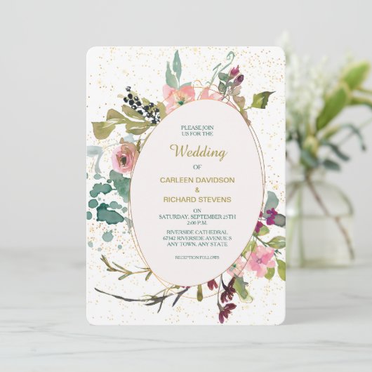 Rosa Aquamarine Blumen- und Goldrahmen-Hochzeit Einladung (Stehend Vorderseite)