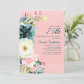 Rosa Aquamarine Creme Floral 75. Einladung (Stehend Vorderseite)