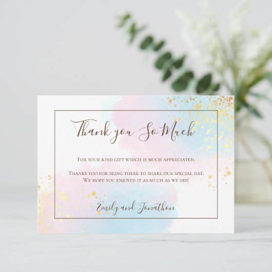Rosa Aquamarine Wasserfarbe Gold Confetti Hochzeit Dankeskarte (Stehend Vorderseite)
