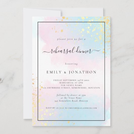 Rosa Aquamarine Wasserfarbe Hochzeitsessen Probe Einladung (Vorderseite)