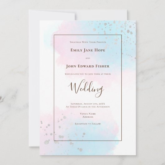 Rosa Aquamarine Wasserfarben Silver Confetti Weddi Einladung (Vorderseite)