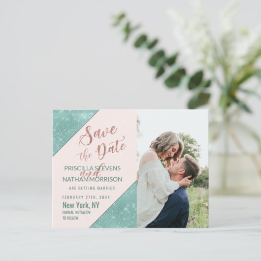 Rosa aquamariner blauer Imitat-GlitzerSequin Save Ankündigungspostkarte (Stehend Vorderseite)