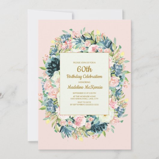 Rosa Aquamariner Vintager Blumengeburtstag Einladung (Vorderseite)