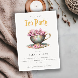 Rosa Aquamarines Gold Flora Teacup Party Einladung