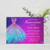 Rosa Aquamarines Sparkle Dress Quinceanera Einladu Einladung (Stehend Vorderseite)