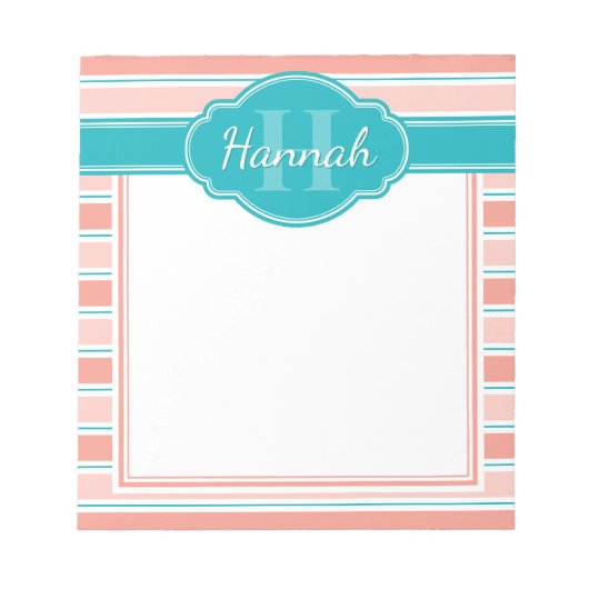 rosa Aquamarines Streifenmuster Monogramm Notizblock (Vorderseite)