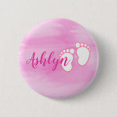 Rosa Aquarell-Abdruck-kleiner Baby-Fuß-Name Button (Vorderseite)