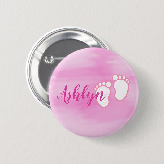 Rosa Aquarell-Abdruck-kleiner Baby-Fuß-Name Button (Vorne & Hinten)