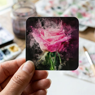 Rosa Aquarell auf schwarzem Hintergrund Quadratischer Aufkleber