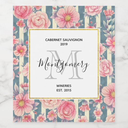 Rosa Aquarell Blume am Strip Weinkultur und Erde Weinetikett (Einzelnes Label)