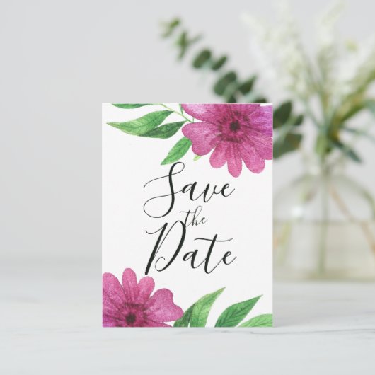 Rosa Aquarell Blume Blumenfeder Save the Date Ankündigungspostkarte (Stehend Vorderseite)