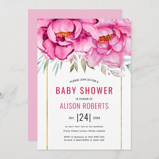 Rosa Aquarell Blume Blumenmädchen Babydusche Einladung (Vorne/Hinten)