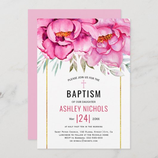 Rosa Aquarell Blume Blumenmädchen Taufe Einladung (Vorne/Hinten)