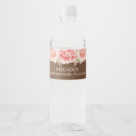 Rosa Aquarell Blume Braun Wood Babydusche Wasserflaschenetikett (Vorderseite)