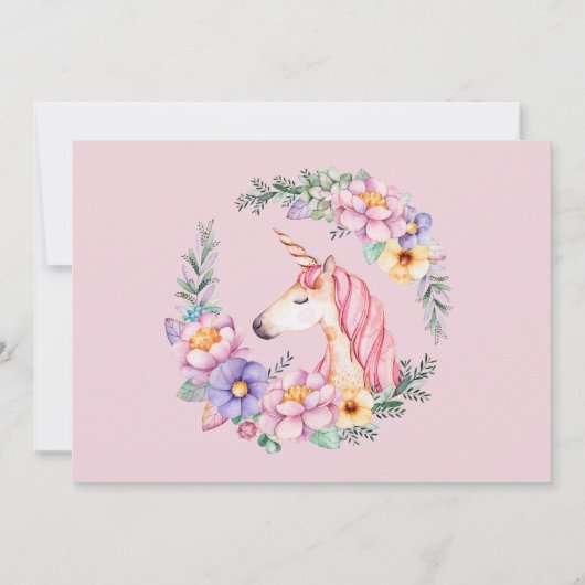 Rosa Aquarell Blume Einhorn Girl Birthday Einladung (Rückseite)