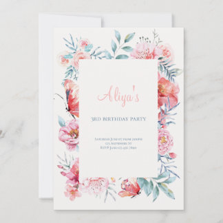 Rosa Aquarell Blume Girls Geburtstagsparty Einladung