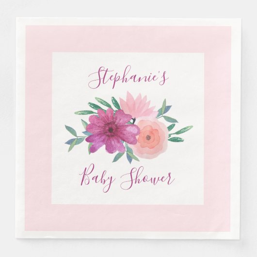 Rosa Aquarell Blume Kinderdusche Personalisiert Serviette (Vorderseite)