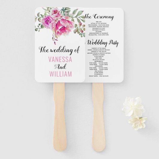 Rosa Aquarell Blume Typografie Hochzeitsprogramm Fächer (Vorne und Hinten)