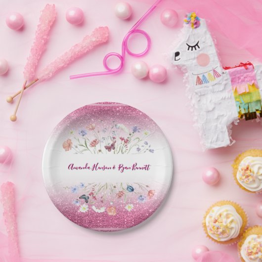 Rosa Aquarell Blumen Hochzeit Pappteller (Party)