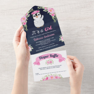 Rosa Aquarell Blumen Pinguin Navy Baby Shower All In One Einladung