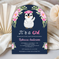 Rosa Aquarell Blumen Pinguin Navy Baby Shower