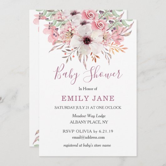 Rosa Aquarell-BlumenBabyparty-Einladung Einladung (Vorne/Hinten)