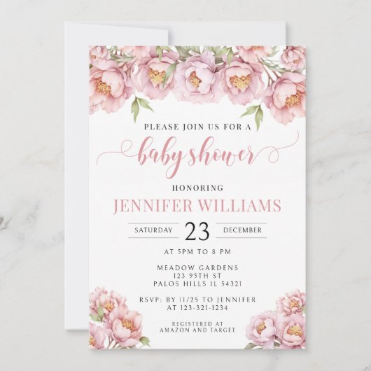 Rosa Aquarell Blumenbrunnen Mädchen Dusche Einladu Einladung (Vorderseite)