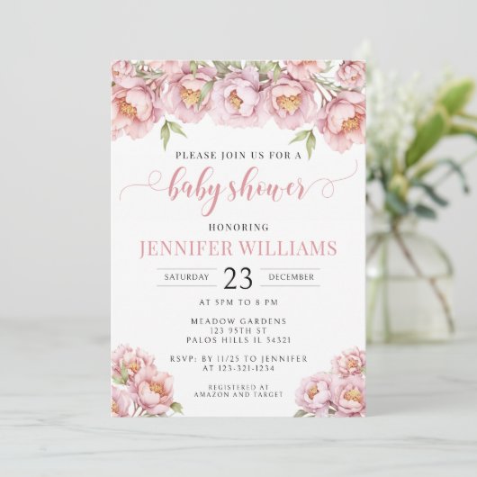 Rosa Aquarell Blumenbrunnen Mädchen Dusche Einladu Einladung (Stehend Vorderseite)