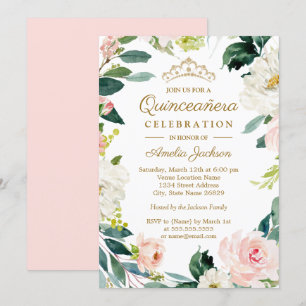 Rosa Aquarell Blumenkranz Quinceanera Einladung