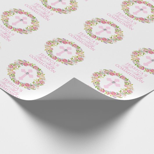 Rosa Aquarell-Blumenmädchen-erste heilige Geschenkpapier (Ecke)