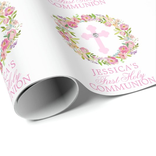 Rosa Aquarell-Blumenmädchen-erste heilige Geschenkpapier (Rolleneckpunkt)