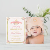 Rosa Aquarell Blütenbraun erstes heiliges Foto Einladung (Stehend Vorderseite)