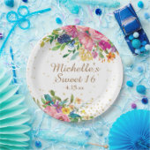 Rosa Aquarell Blütengoldfarben Glitzer Süß 16 Pappteller (Party)