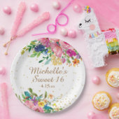 Rosa Aquarell Blütengoldfarben Glitzer Süß 16 Pappteller (Party)