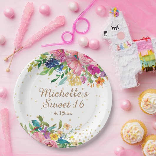 Rosa Aquarell Blütengoldfarben Glitzer Süß 16 Pappteller (Party)