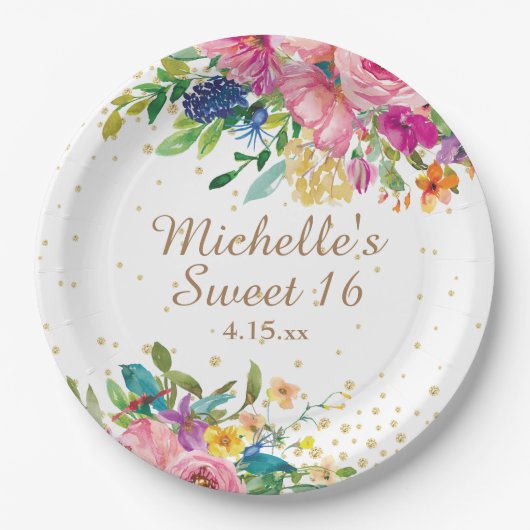 Rosa Aquarell Blütengoldfarben Glitzer Süß 16 Pappteller (Vorderseite)