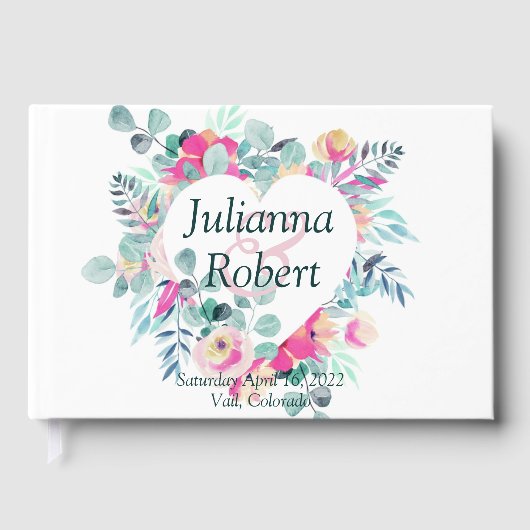 Rosa Aquarell Blütenherz Hochzeitsbuch Gästebuch (Vorderseite)