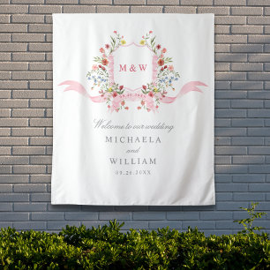 Rosa Aquarell Botanisches Wappen im Regency-Stil z Wandteppich