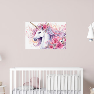 Rosa Aquarell-Einhorn Blumendekor Poster