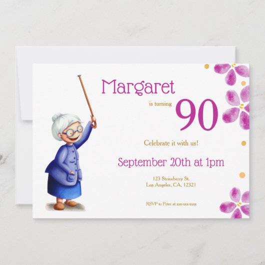 Rosa Aquarell Floral 90. Geburtstag Großmutter Einladung (Vorderseite)