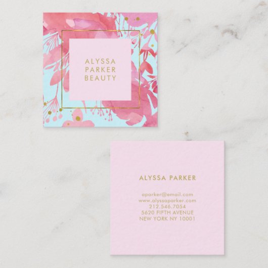 Rosa Aquarell Floral und Baby Blue mit Gold Quadratische Visitenkarte (Vorne/Hinten)
