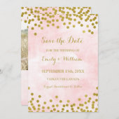 Rosa Aquarell Gold Confetti Foto Save the Date (Vorne/Hinten)
