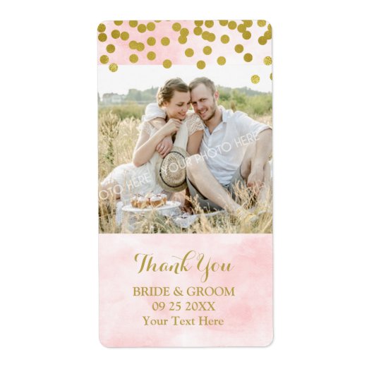 Rosa Aquarell Gold Dots Foto Hochzeitslabel (Vorne)